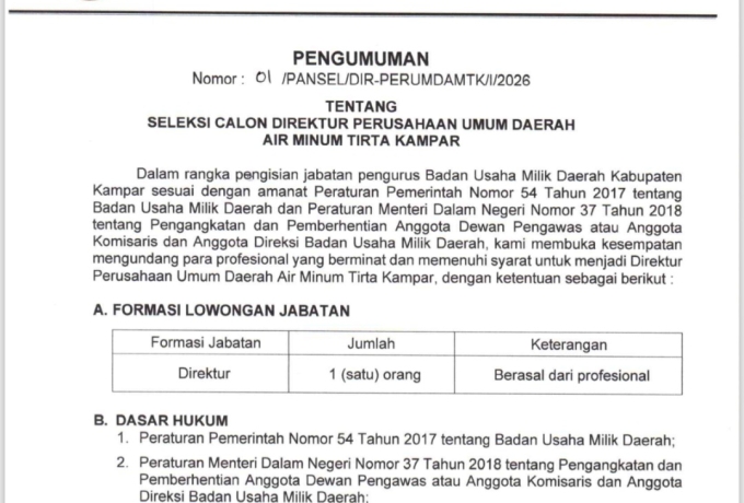 Pemkab Kampar Resmi Buka Seleksi Direktur Perumdam Tirta Kampar 2026